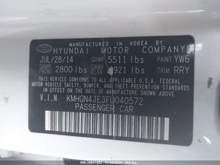 2015 HYUNDAI GENESIS 3.8 - KMHGN4JE3FU040572