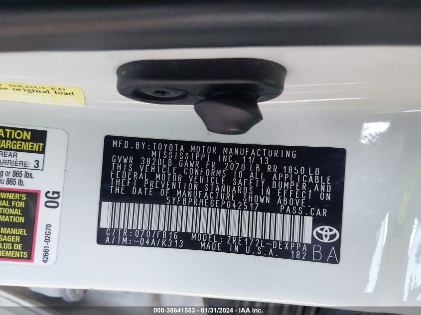 2014 TOYOTA COROLLA ECO/ECO PLUS/ECO PREMIUM - 5YFBPRHE6EP042517