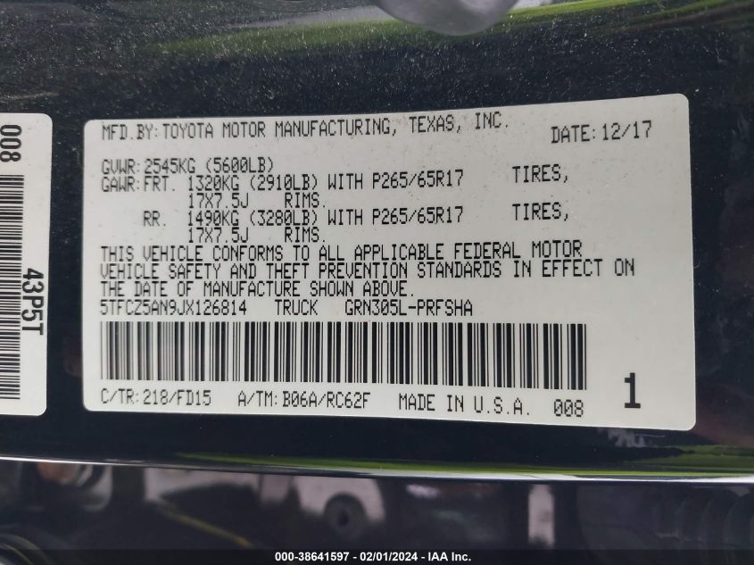 2018 TOYOTA TACOMA DBL CAB/SR/TRDSPT/OR/PRO - 5TFCZ5AN9JX126814