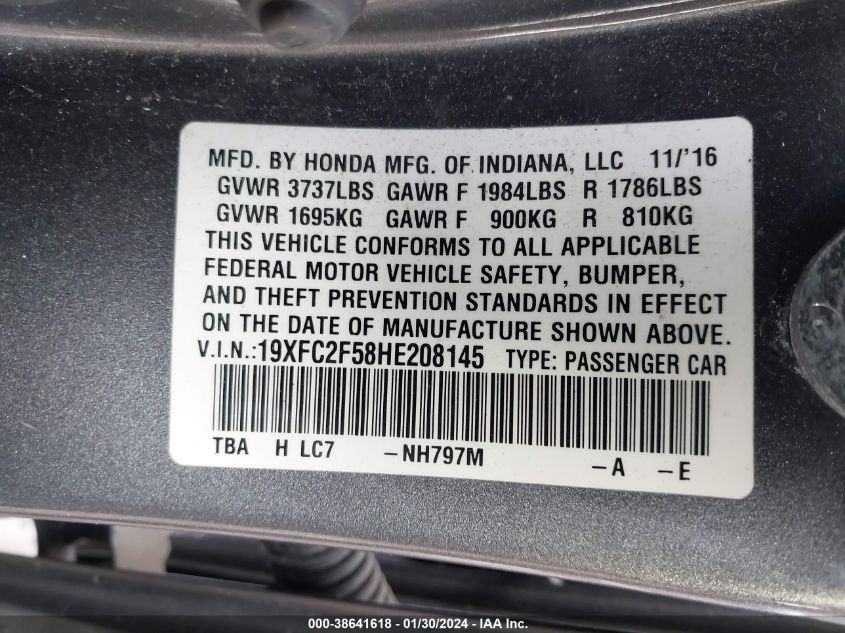 2017 HONDA CIVIC LX - 19XFC2F58HE208145