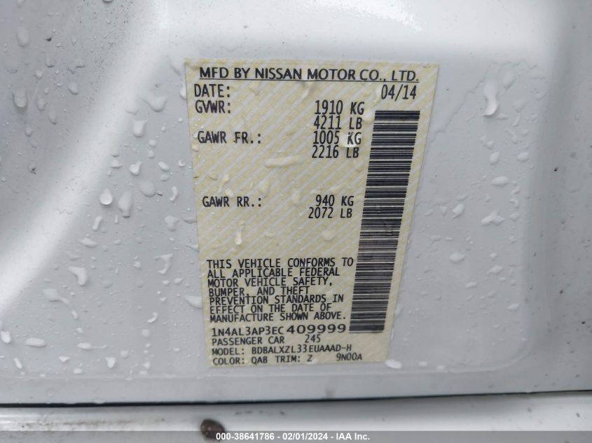2014 NISSAN ALTIMA 2.5 SL - 1N4AL3AP3EC409999