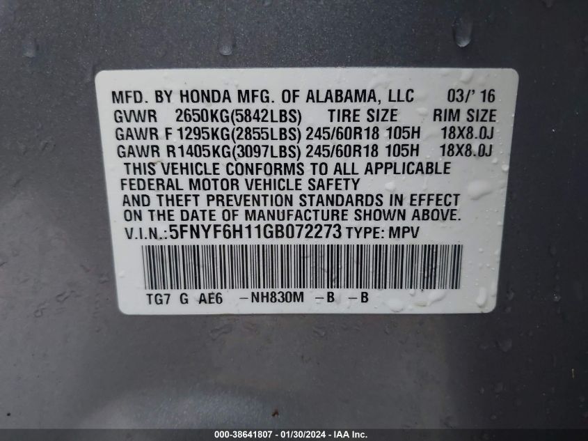2016 HONDA PILOT LX - 5FNYF6H11GB072273