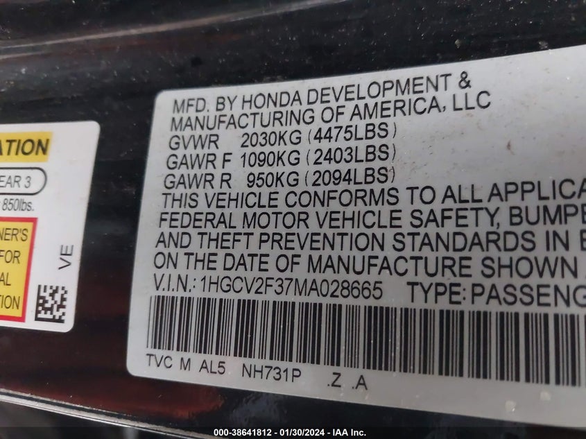 VIN 1HGCV2F37MA028665 2021 HONDA ACCORD SPORT 2.0T