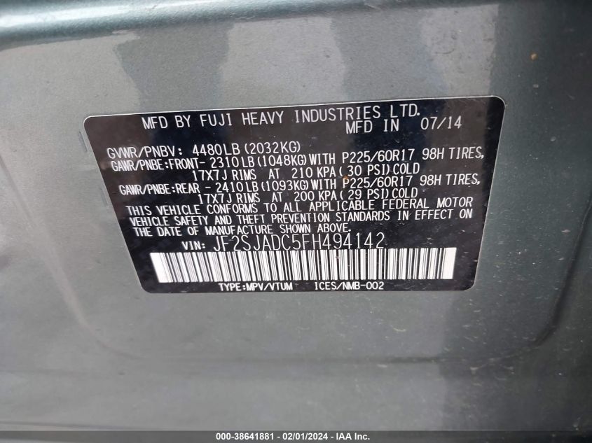 2015 SUBARU FORESTER - JF2SJADC5FH494142