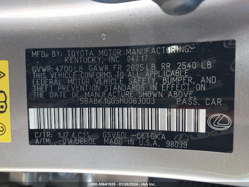 2017 LEXUS ES 350 - 58ABK1GG5HU063003