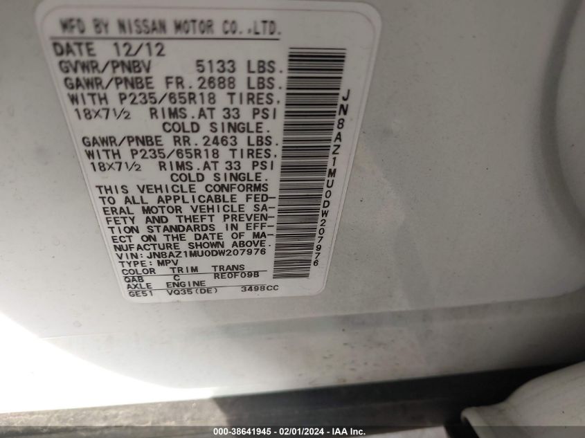 2013 NISSAN MURANO S/SL/LE - JN8AZ1MU0DW207976