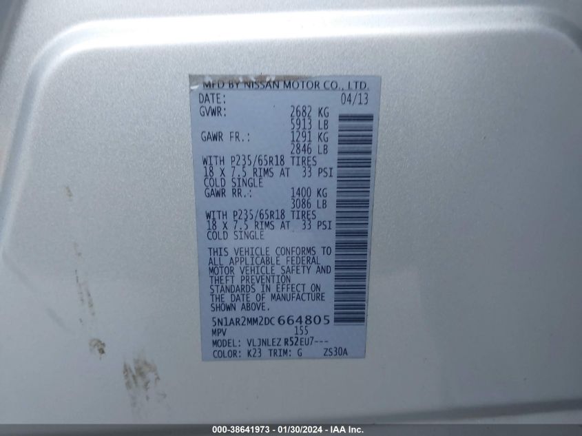 2013 NISSAN PATHFINDER S/SV/SL/PLATINUM - 5N1AR2MM2DC664805