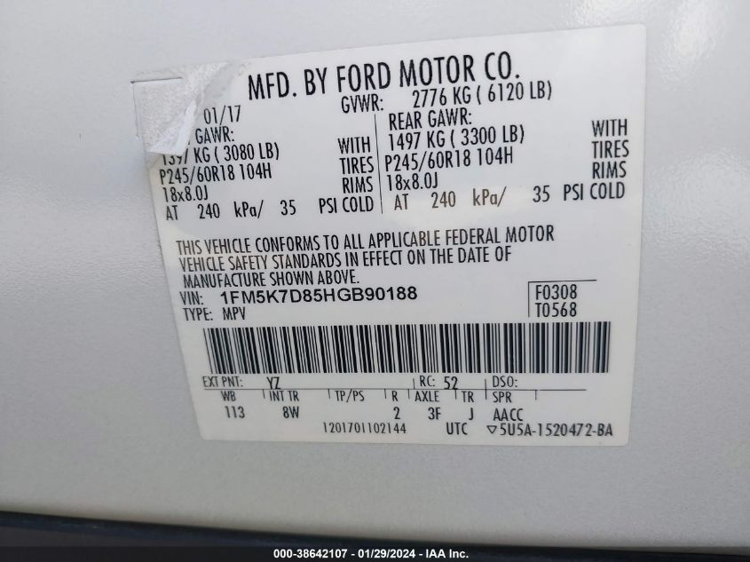 2017 FORD EXPLORER XLT - 1FM5K7D85HGB90188