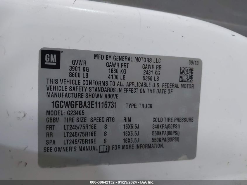 2014 CHEVROLET EXPRESS 2500 WORK VAN - 1GCWGFBA3E1116731