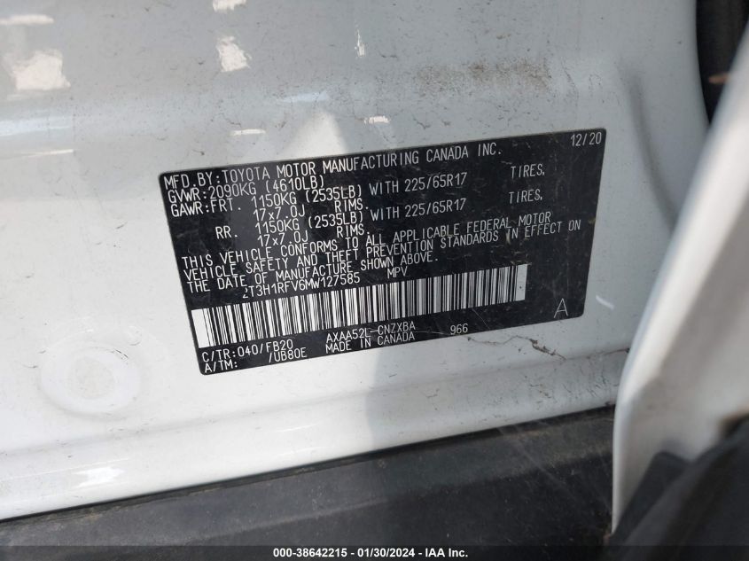 2021 TOYOTA RAV4 LE - 2T3H1RFV6MW127585