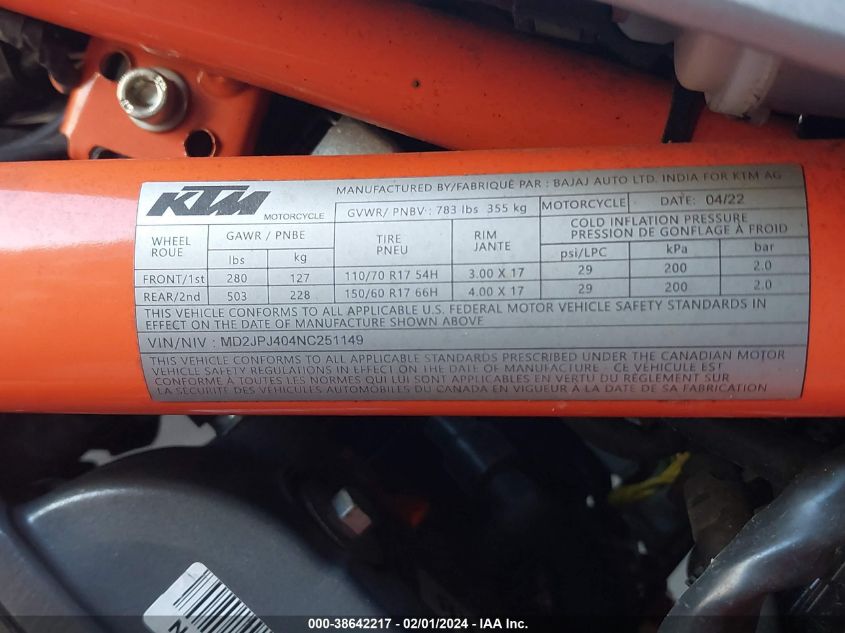 2022 KTM 390 DUKE MD2JPJ404NC251149