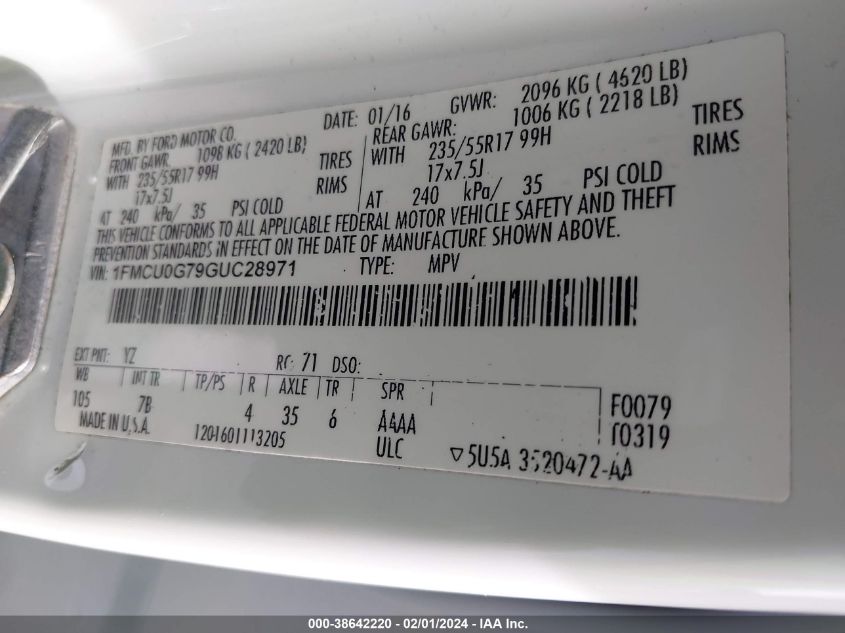 2016 FORD ESCAPE SE - 1FMCU0G79GUC28971