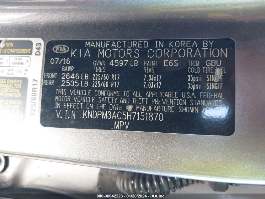 2017 KIA SPORTAGE LX - KNDPM3AC5H7151870