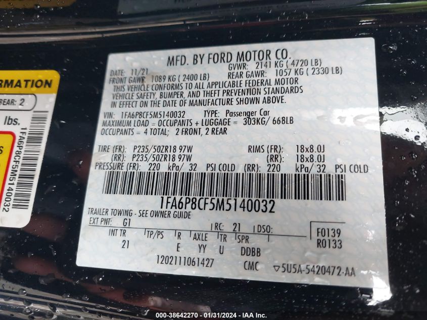 2021 FORD MUSTANG GT - 1FA6P8CF5M5140032