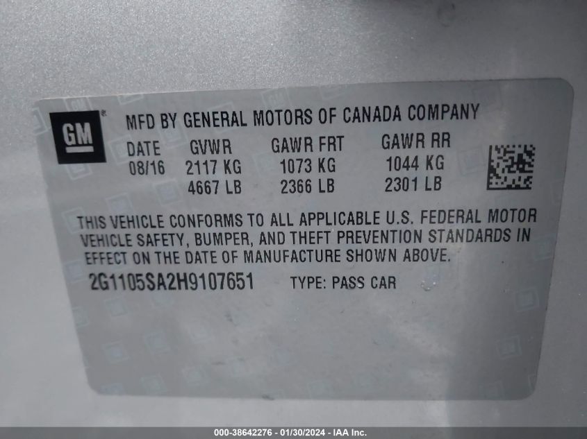 2017 CHEVROLET IMPALA LT - 2G1105SA2H9107651