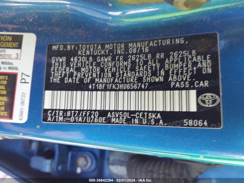 2017 TOYOTA CAMRY SE - 4T1BF1FK3HU656747
