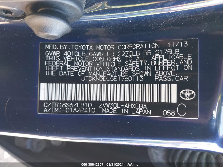 2014 TOYOTA PRIUS - JTDKN3DU5E1760113