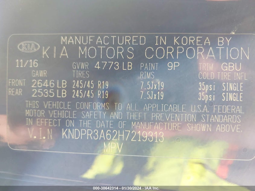 VIN KNDPR3A62H7219313 2017 KIA SPORTAGE SX TURBO