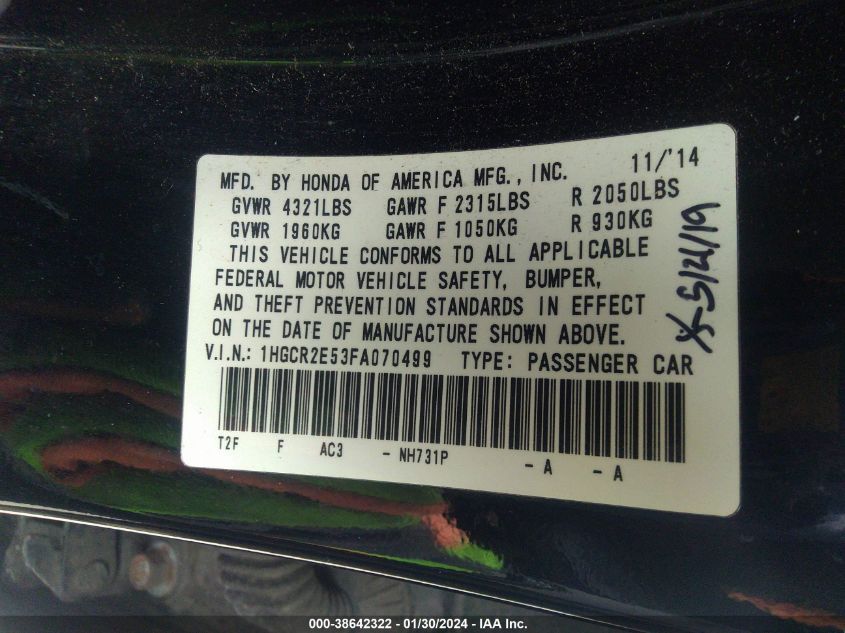 2015 HONDA ACCORD SPORT - 1HGCR2E53FA070499