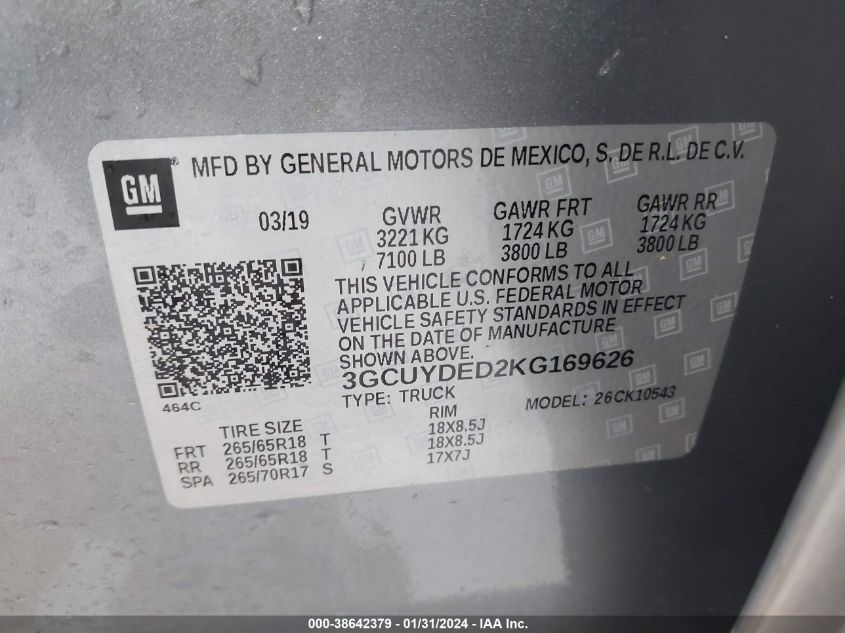 2019 CHEVROLET SILVERADO 1500 LT - 3GCUYDED2KG169626