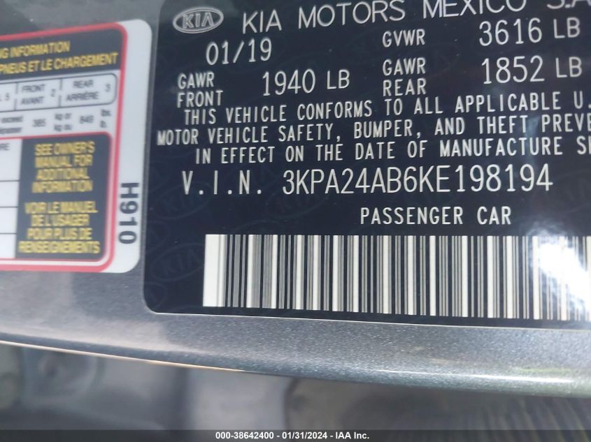 2019 KIA RIO S - 3KPA24AB6KE198194