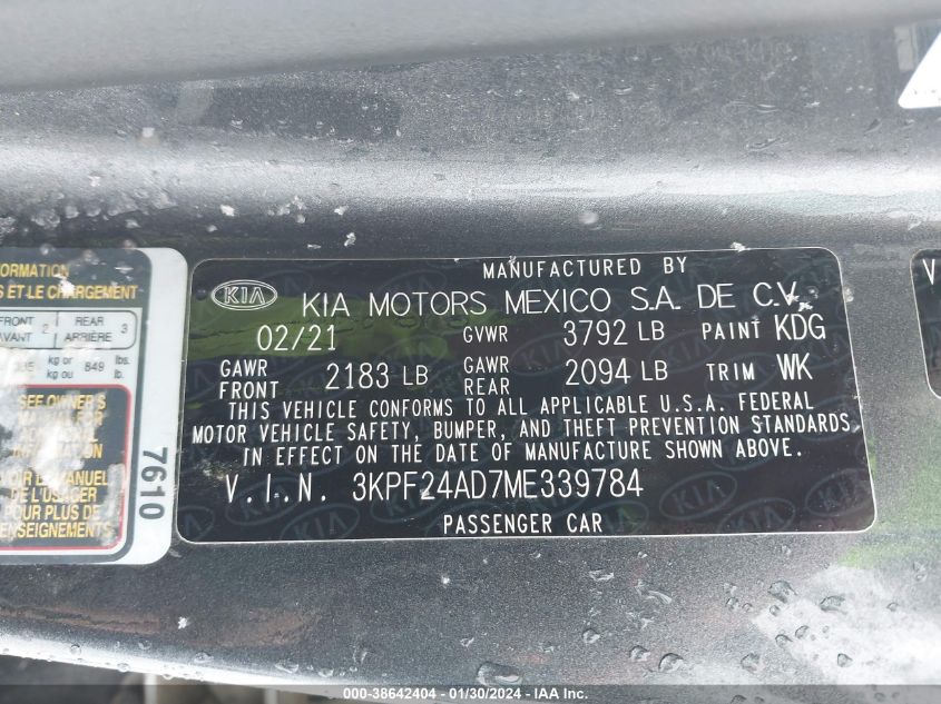 2021 KIA FORTE FE/LXS - 3KPF24AD7ME339784