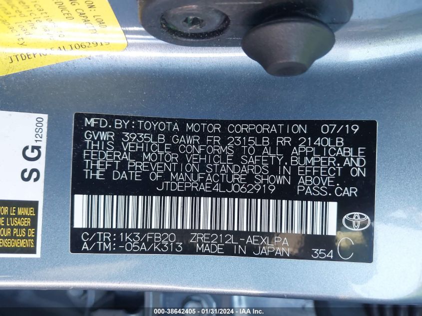 2020 TOYOTA COROLLA LE - JTDEPRAE4LJ062919