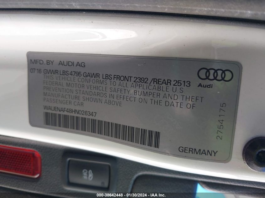 2017 AUDI A4 PREMIUM PLUS - WAUENAF48HN026347