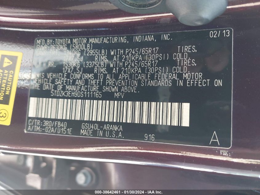 2013 TOYOTA HIGHLANDER BASE V6 - 5TDZK3EH9DS111165