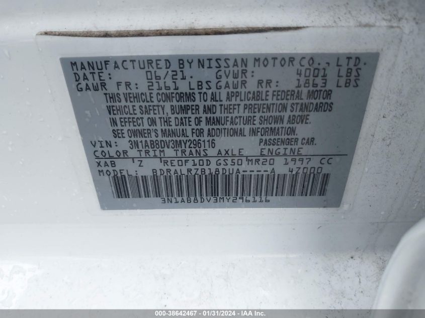 2021 NISSAN SENTRA SR XTRONIC CVT - 3N1AB8DV3MY296116