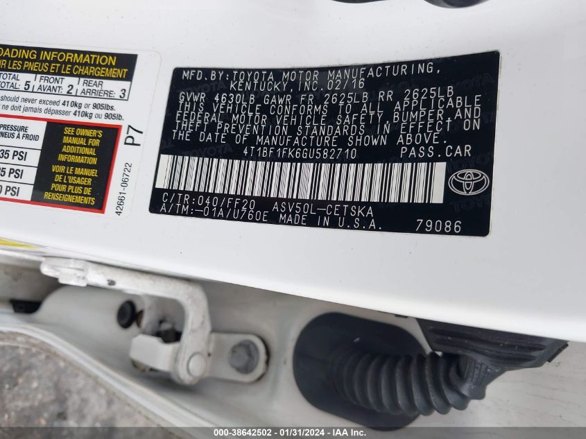 2016 TOYOTA CAMRY SE - 4T1BF1FK6GU582710