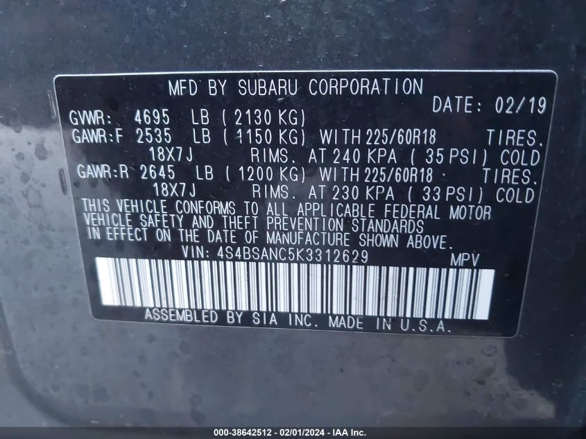 2019 SUBARU OUTBACK 2.5I LIMITED - 4S4BSANC5K3312629