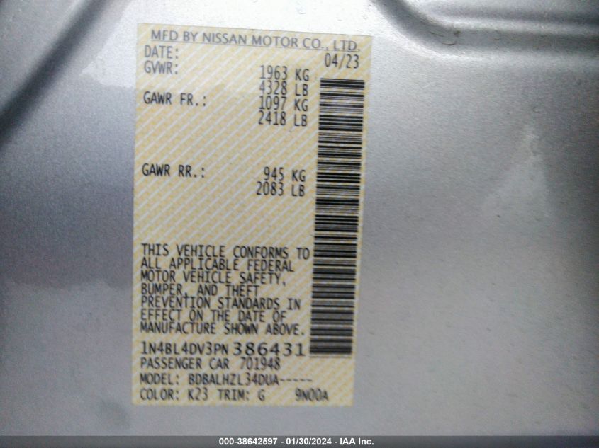 2023 NISSAN ALTIMA SV FWD - 1N4BL4DV3PN386431