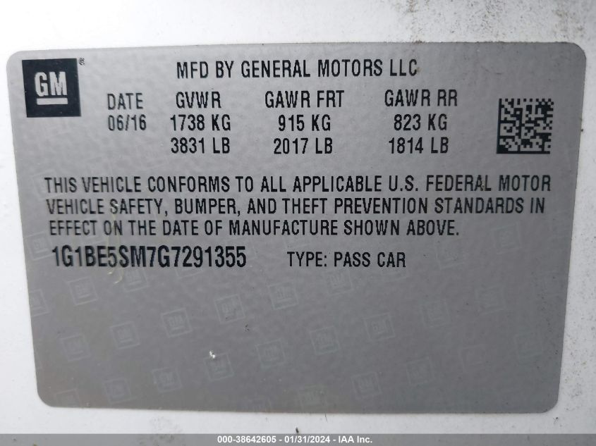2016 CHEVROLET CRUZE LT AUTO - 1G1BE5SM7G7291355