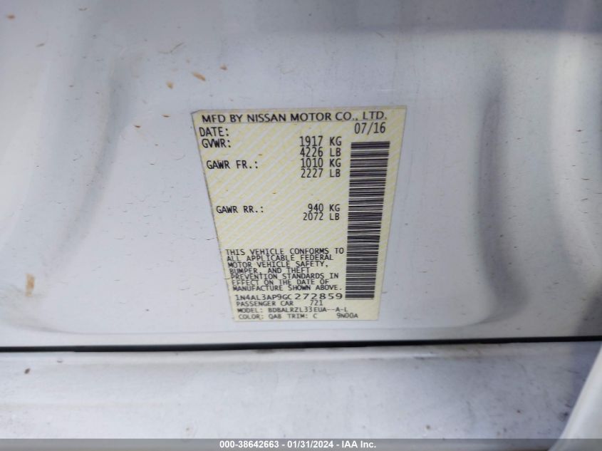 2016 NISSAN ALTIMA 2.5 SL - 1N4AL3AP9GC272859