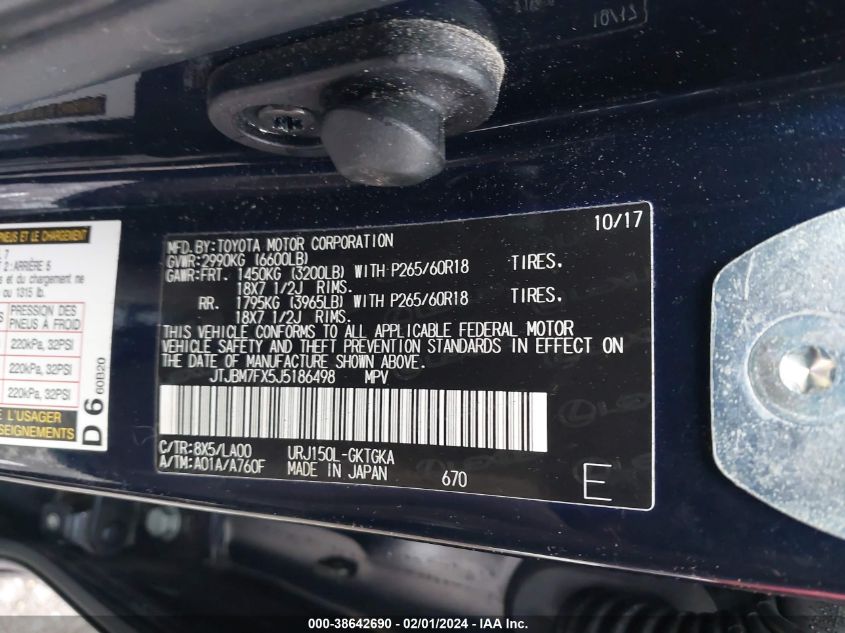 2018 LEXUS 460 JTJBM7FX5J5186498