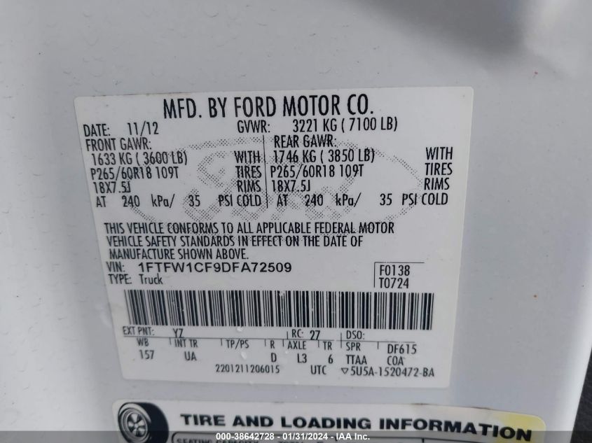 2013 FORD F-150 XLT - 1FTFW1CF9DFA72509