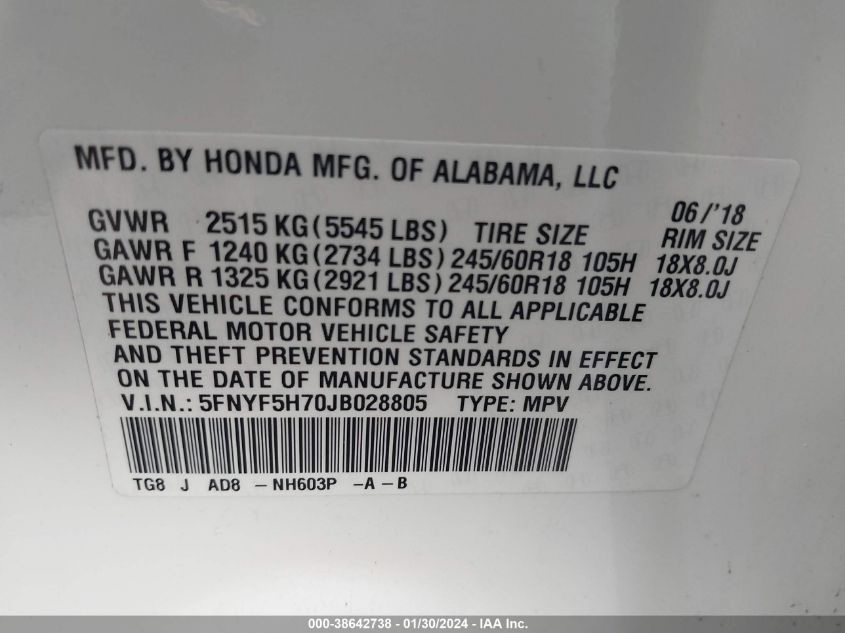 2018 HONDA PILOT EX-L - 5FNYF5H70JB028805