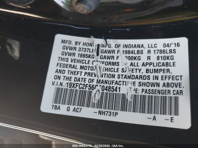 2016 HONDA CIVIC LX - 19XFC2F56GE048541