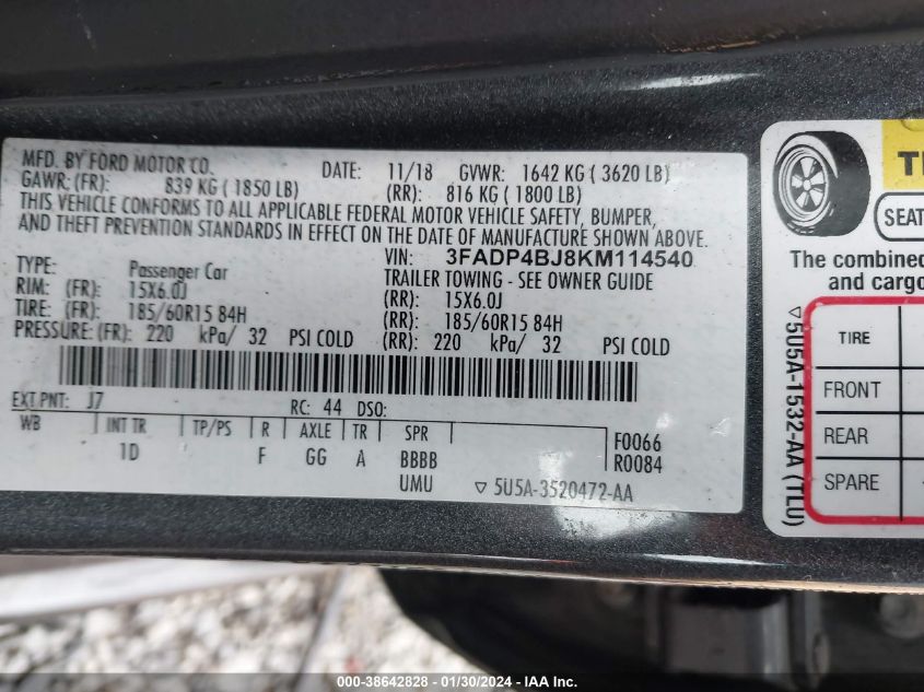 2019 FORD FIESTA SE - 3FADP4BJ8KM114540