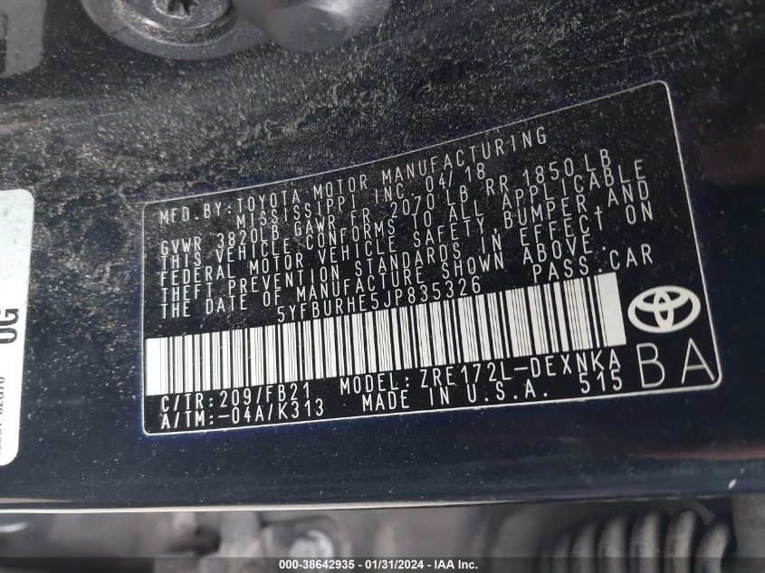 2018 TOYOTA COROLLA LE - 5YFBURHE5JP835326