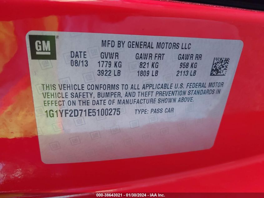 2014 CHEVROLET CORVETTE STINGRAY - 1G1YF2D71E5100275