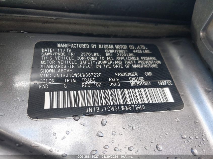 2020 NISSAN ROGUE SPORT S AWD XTRONIC CVT - JN1BJ1CW5LW367220