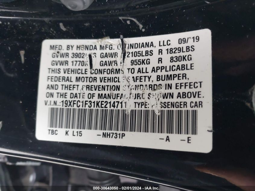 2019 HONDA CIVIC EX - 19XFC1F31KE214711