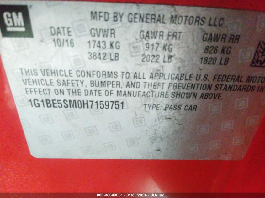 2017 CHEVROLET CRUZE LT - 1G1BE5SM0H7159751