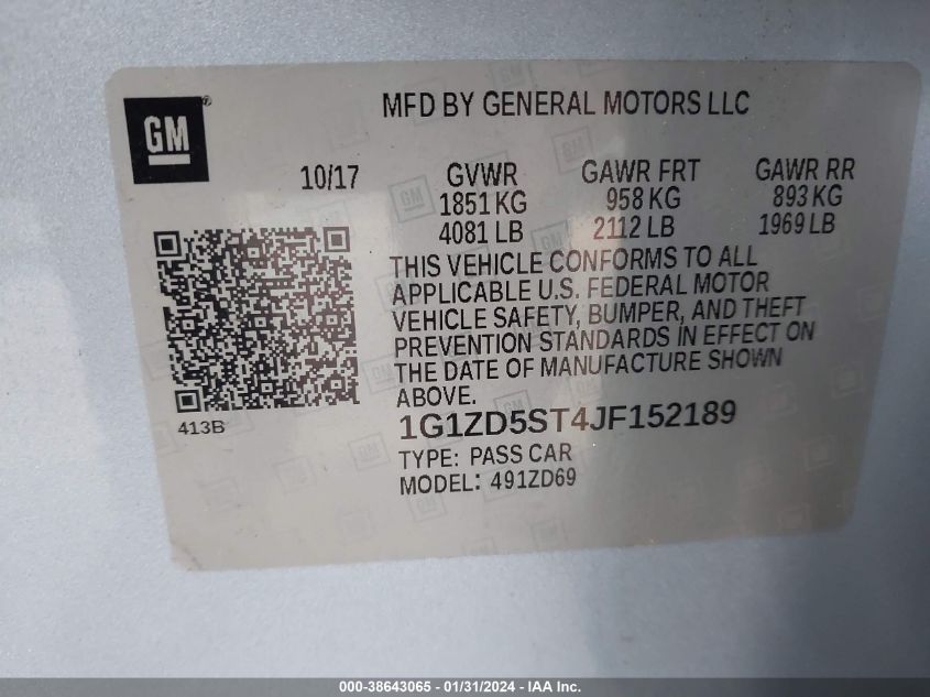 2018 CHEVROLET MALIBU LT - 1G1ZD5ST4JF152189