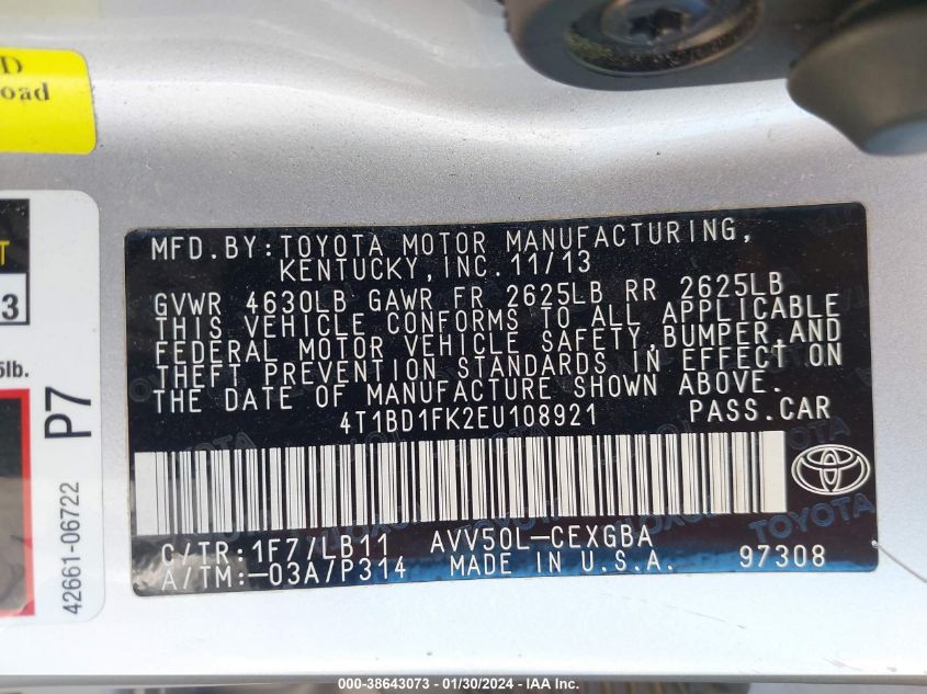 2014 TOYOTA CAMRY HYBRID XLE - 4T1BD1FK2EU108921