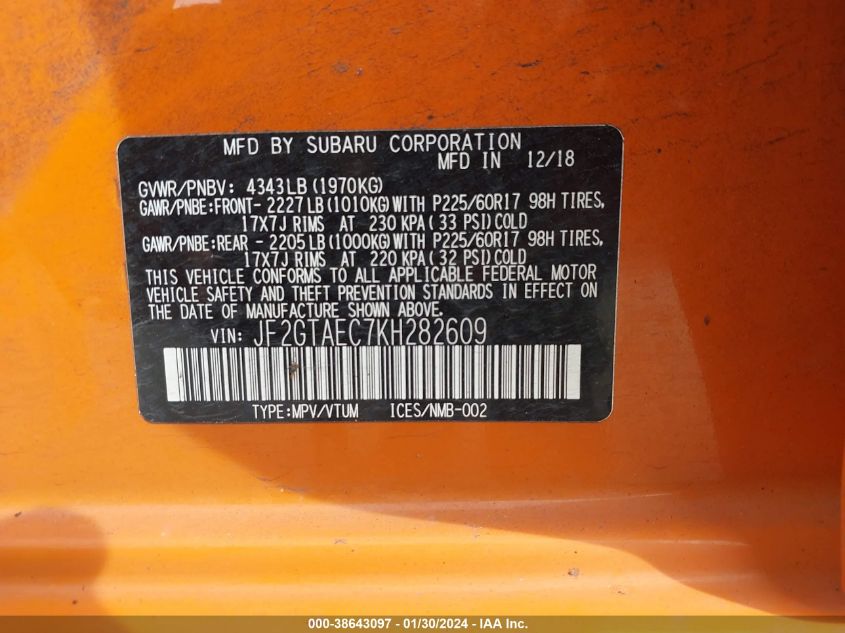 2019 SUBARU CROSSTREK 2.0I PREMIUM - JF2GTAEC7KH282609