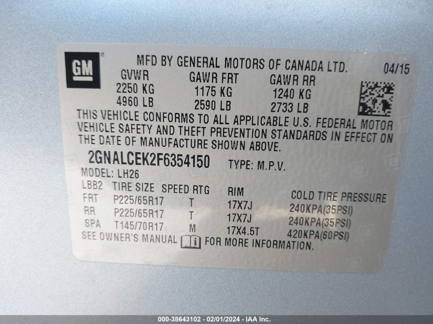 2015 CHEVROLET EQUINOX LT - 2GNALCEK2F6354150