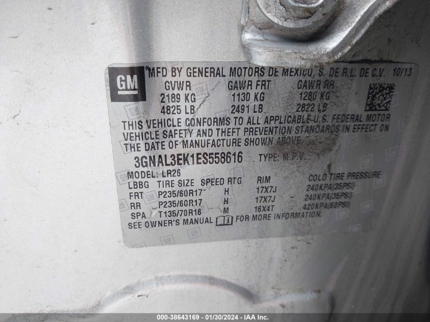 2014 CHEVROLET CAPTIVA SPORT LT 3GNAL3EK1ES558616